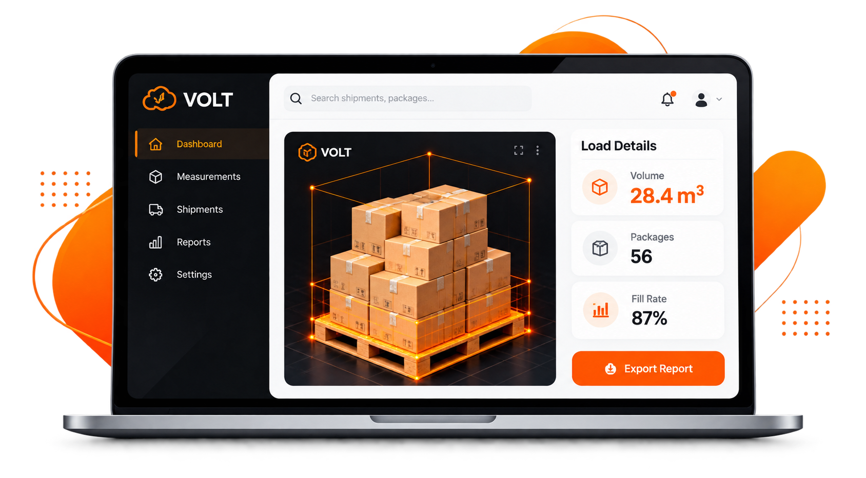 VOLT dashboard on a laptop showing load volume, packages, and fill rate